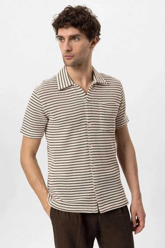 Men's Brown Knit Striped Short Sleeve Shirt