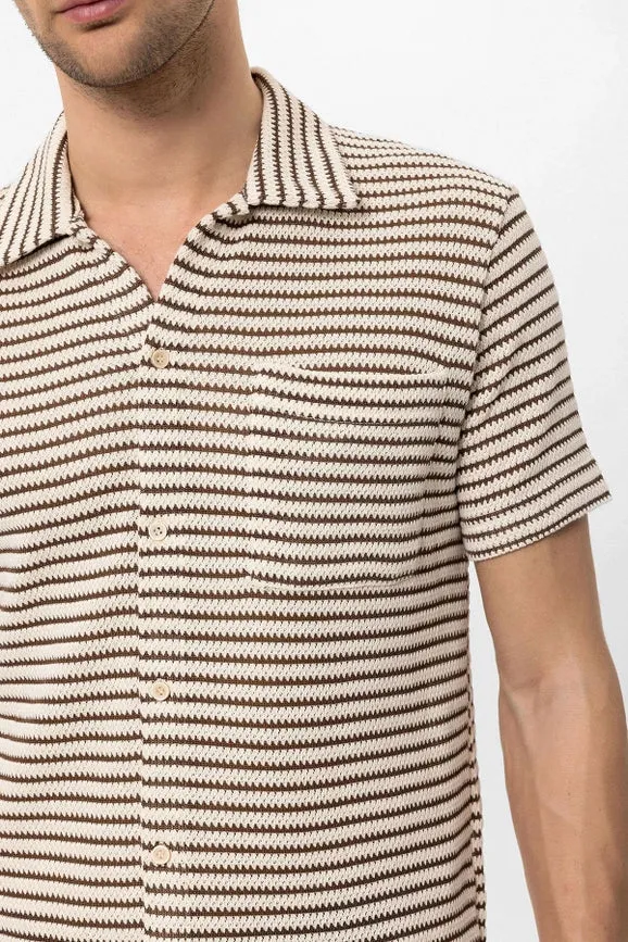 Men's Brown Knit Striped Short Sleeve Shirt