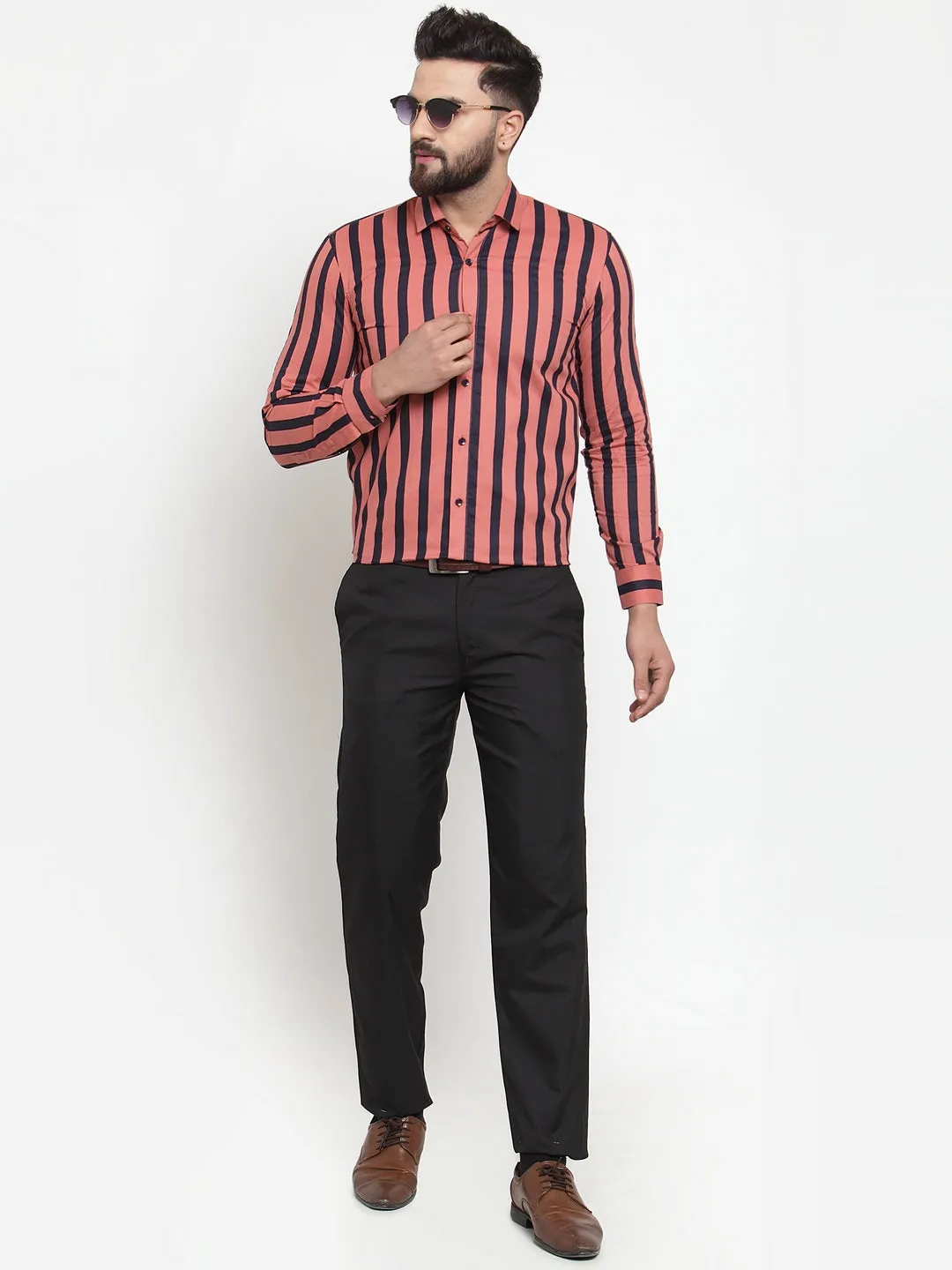 Men's Red Cotton Striped Formal Shirts ( SF 744Coral ) - Jainish