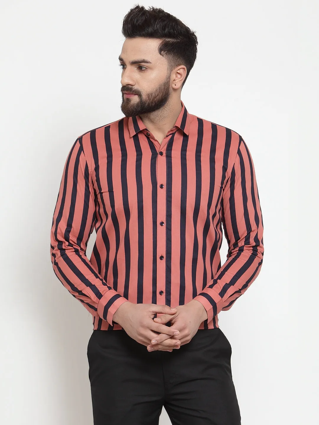 Men's Red Cotton Striped Formal Shirts ( SF 744Coral ) - Jainish