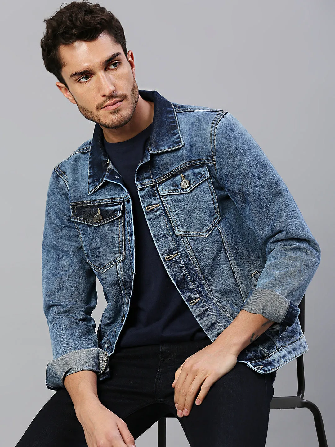 Men's Regular Fit Long Sleeve Button Down Denim Jacket (Shaded Indigo)