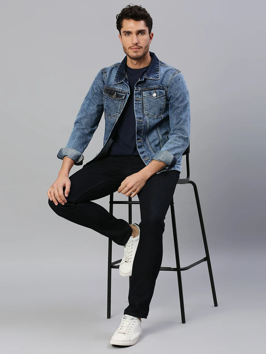 Men's Regular Fit Long Sleeve Button Down Denim Jacket (Shaded Indigo)