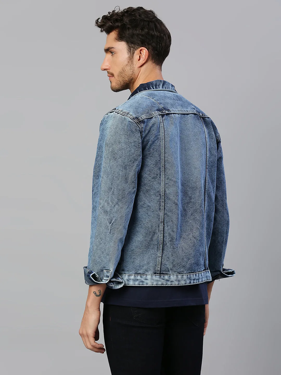 Men's Regular Fit Long Sleeve Button Down Denim Jacket (Shaded Indigo)