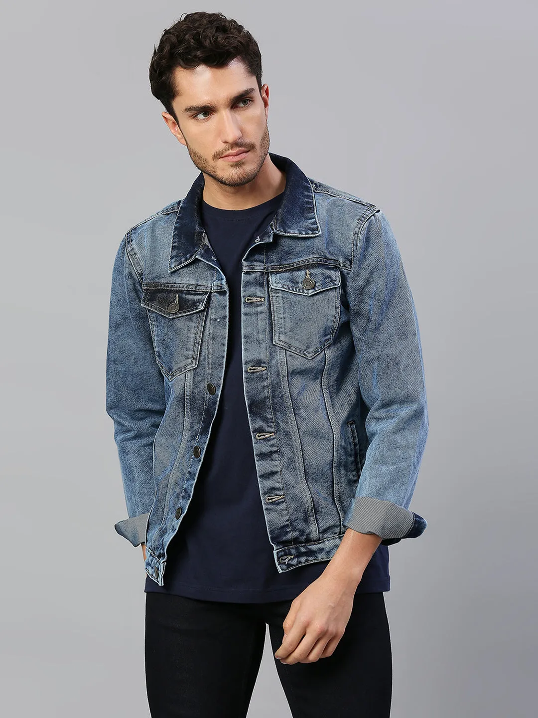 Men's Regular Fit Long Sleeve Button Down Denim Jacket (Shaded Indigo)