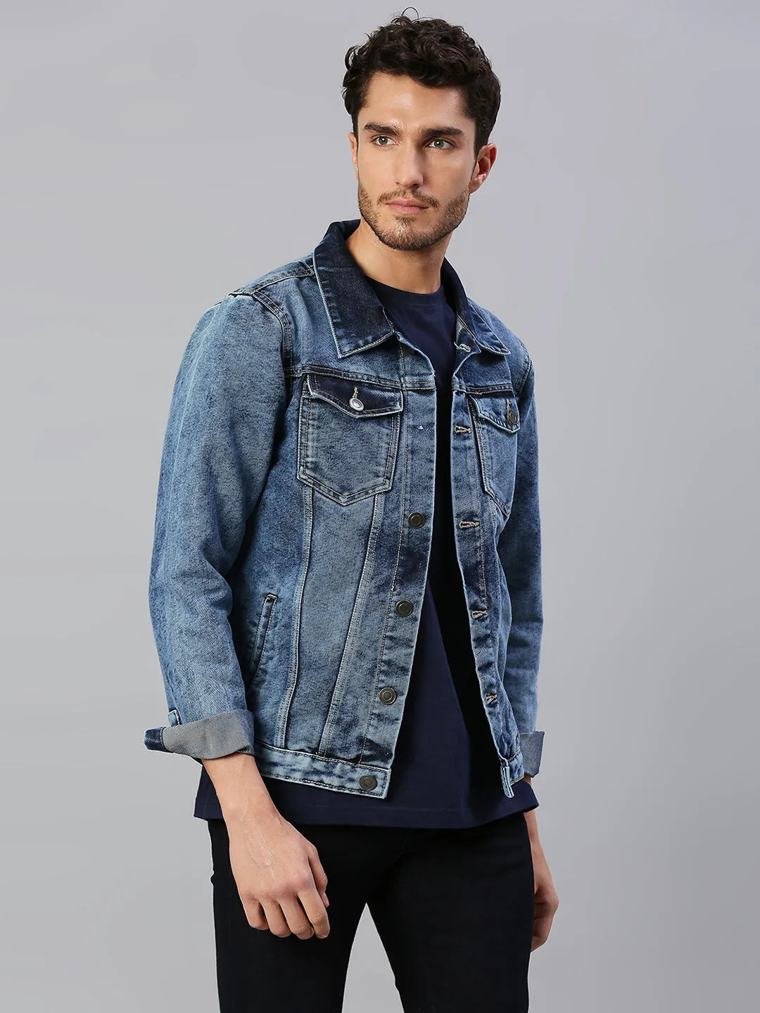 Men's Regular Fit Long Sleeve Button Down Denim Jacket (Shaded Indigo)