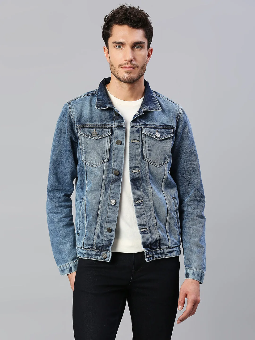 Men's Regular Fit Long Sleeve Button Down Panel Denim Jacket Lightweight Trucker Jacket (Fadded Indigo)