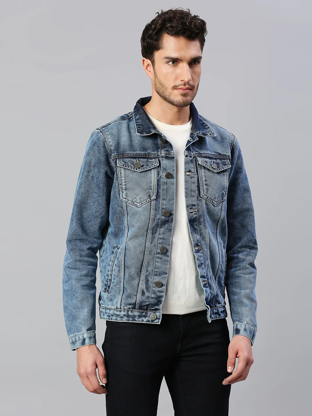 Men's Regular Fit Long Sleeve Button Down Panel Denim Jacket Lightweight Trucker Jacket (Fadded Indigo)