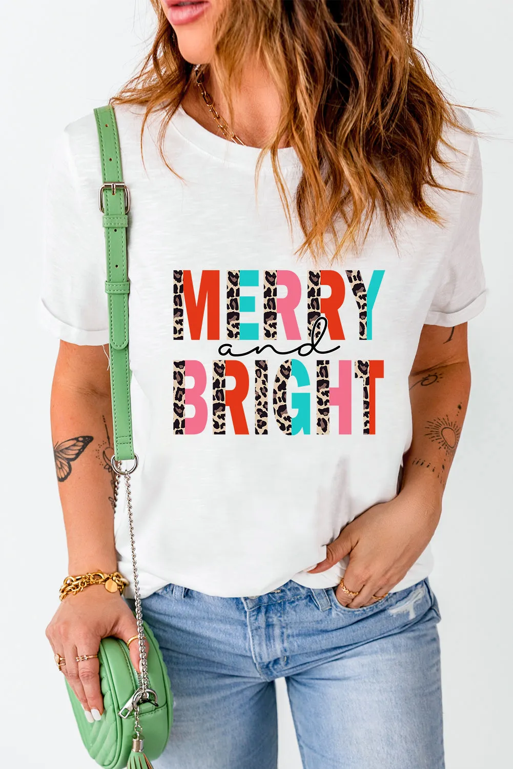 Merry and Bright Leopard Print Short Sleeve Graphic Tee