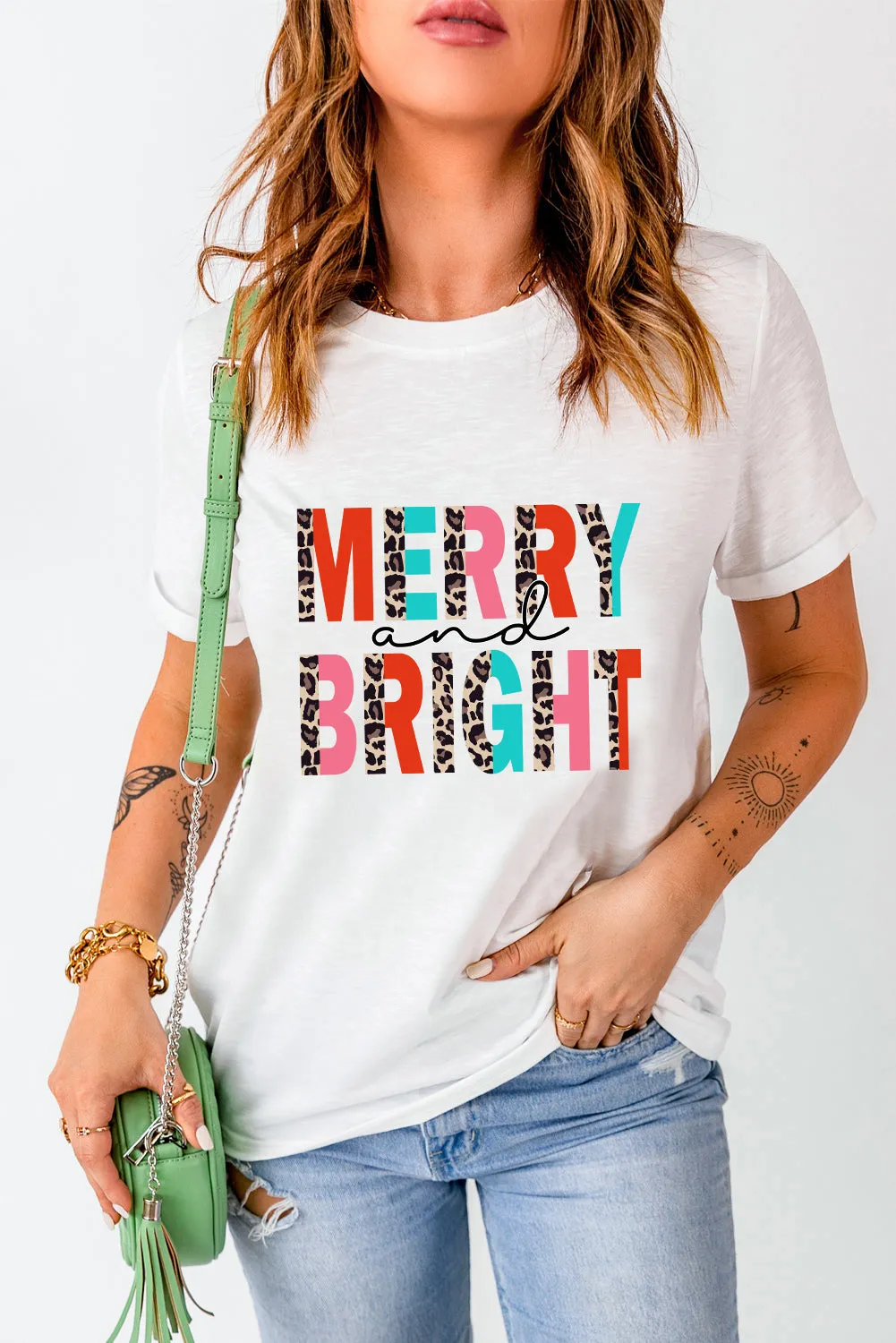 Merry and Bright Leopard Print Short Sleeve Graphic Tee