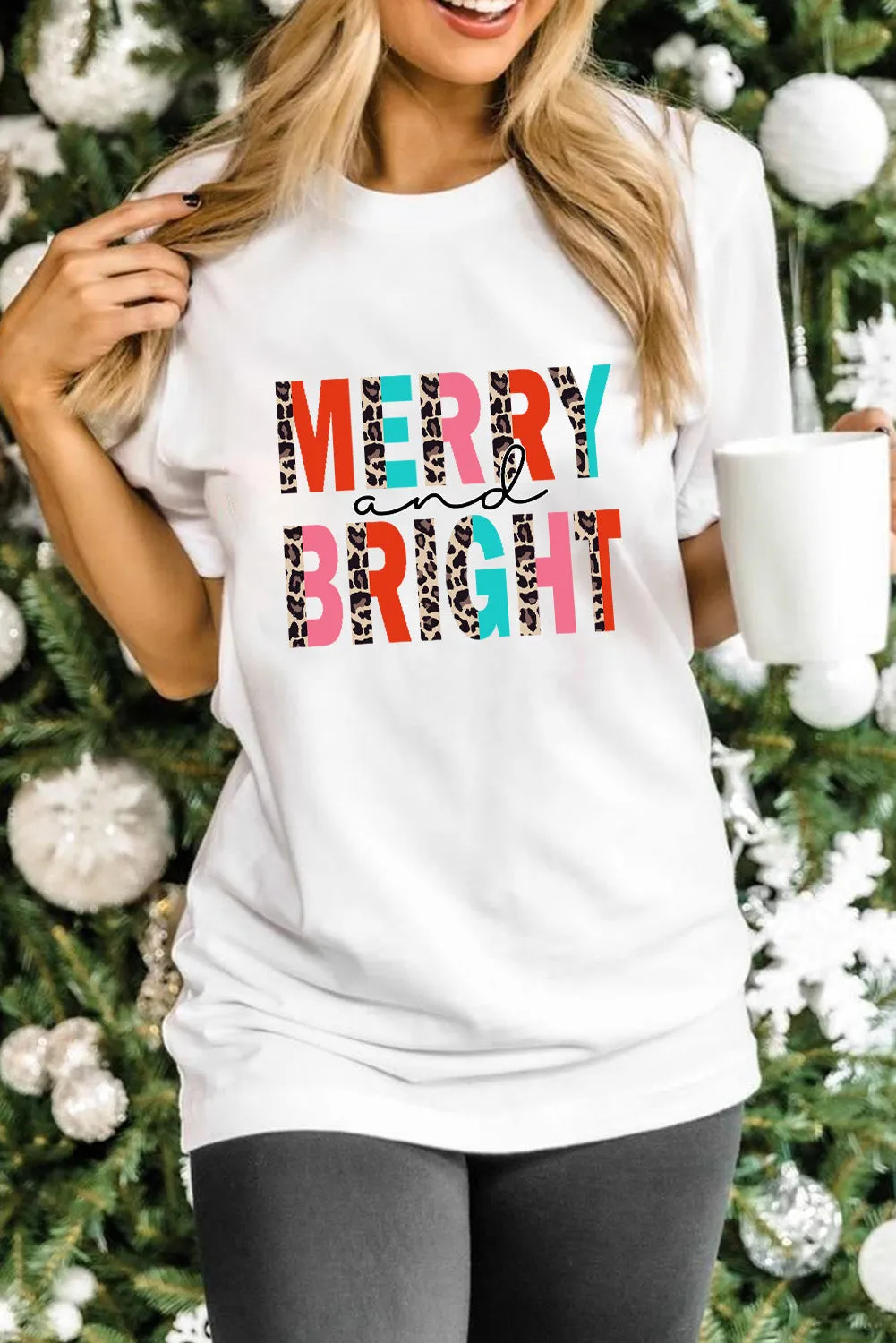 Merry and Bright Leopard Print Short Sleeve Graphic Tee