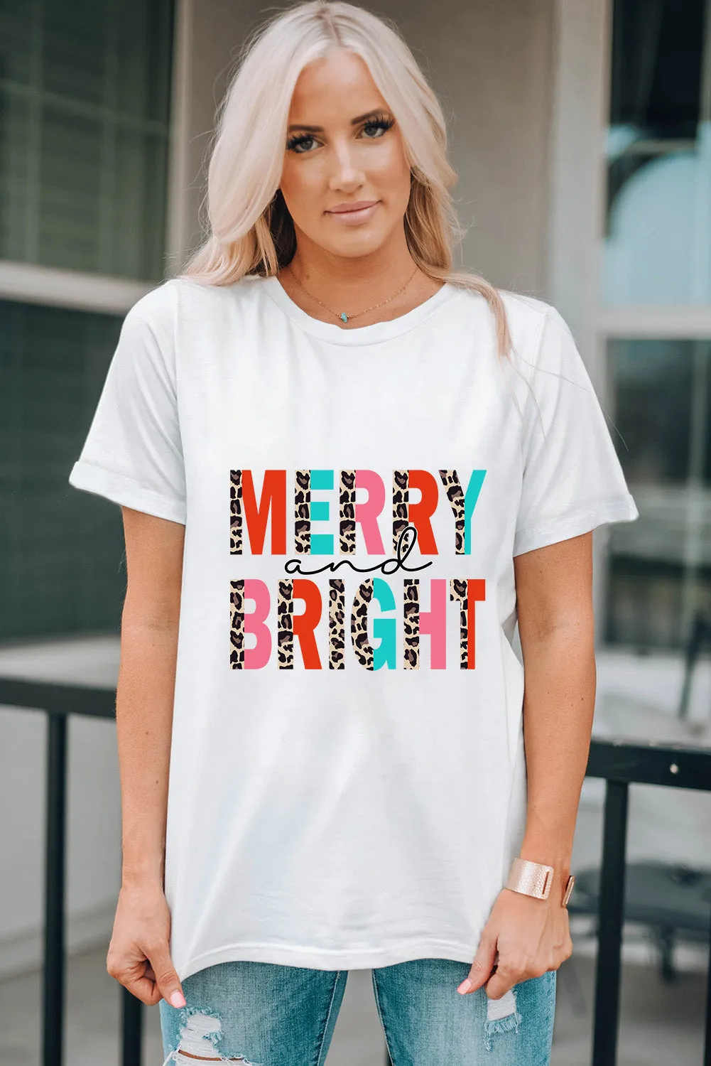 Merry and Bright Leopard Print Short Sleeve Graphic Tee