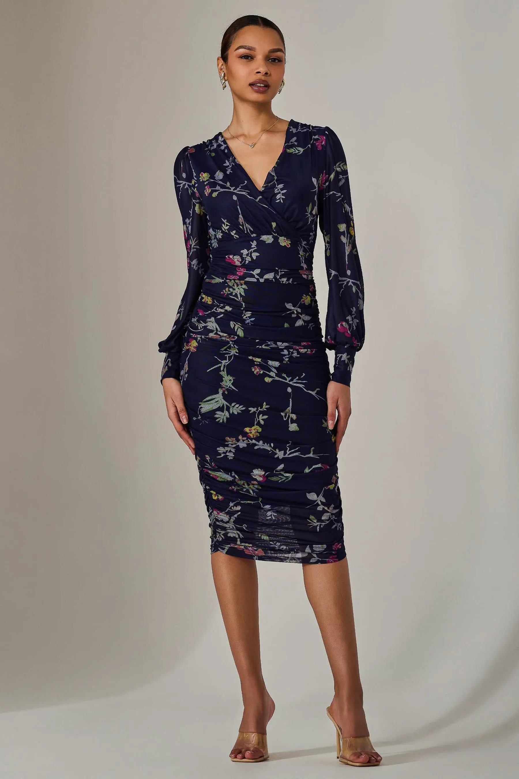 Mesh Long Sleeve Ruched Bodycon Dress, Navy Red Floral