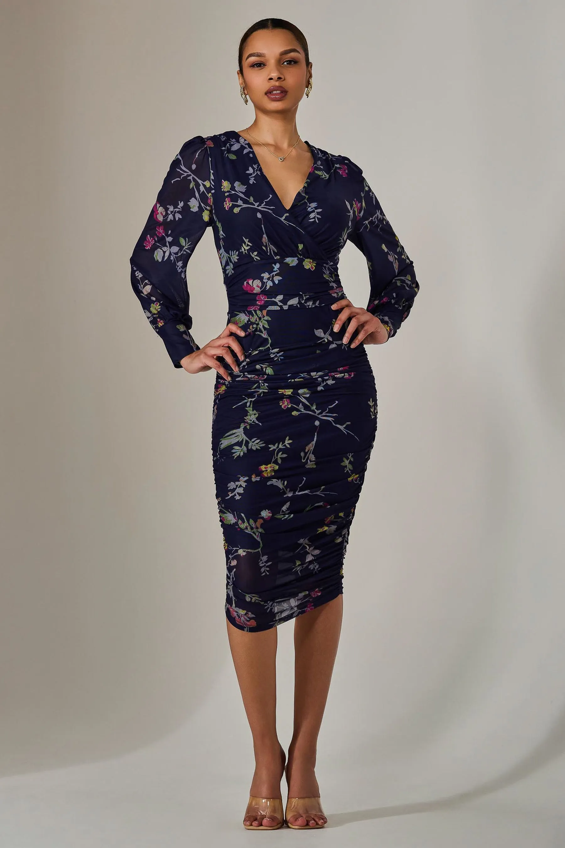 Mesh Long Sleeve Ruched Bodycon Dress, Navy Red Floral