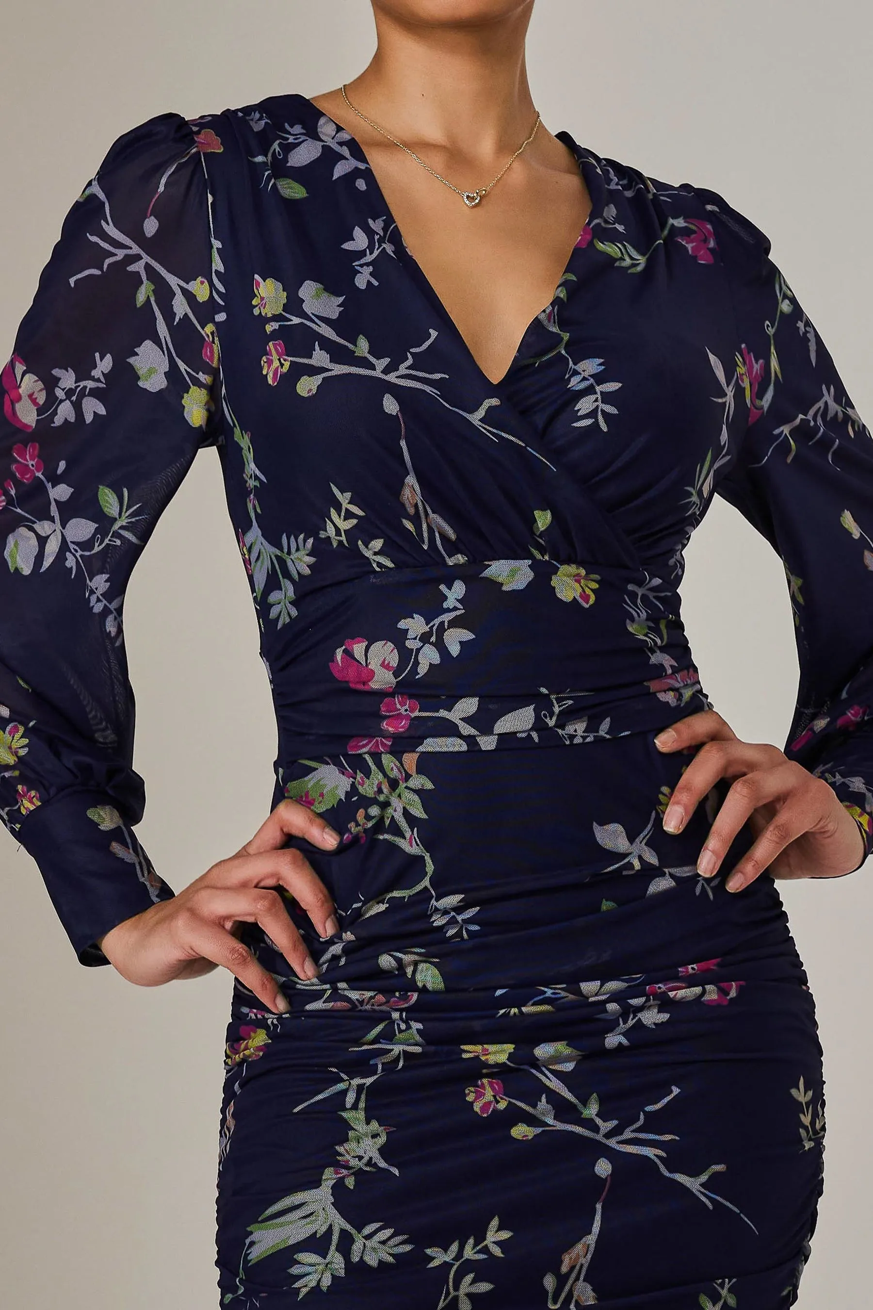 Mesh Long Sleeve Ruched Bodycon Dress, Navy Red Floral