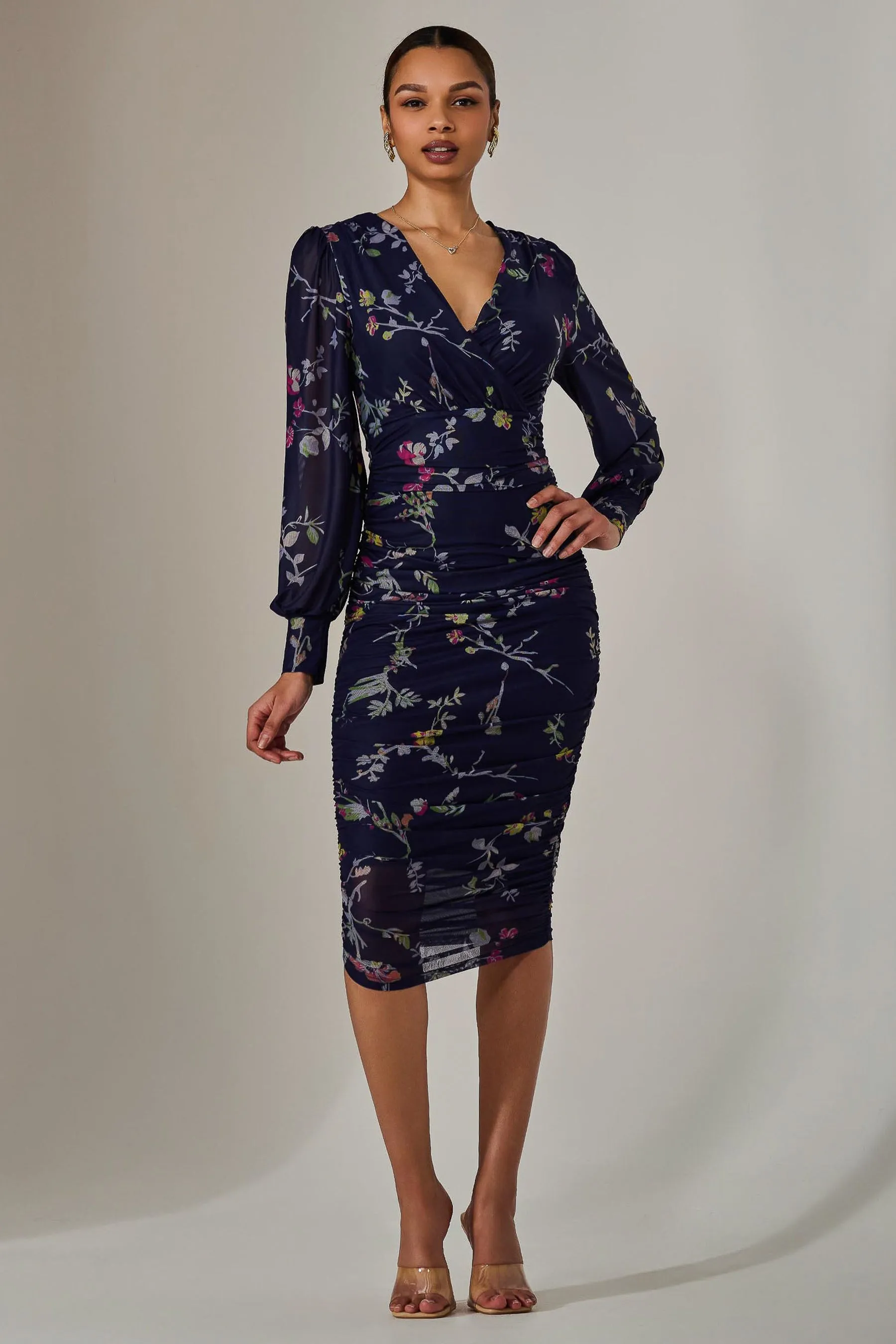 Mesh Long Sleeve Ruched Bodycon Dress, Navy Red Floral