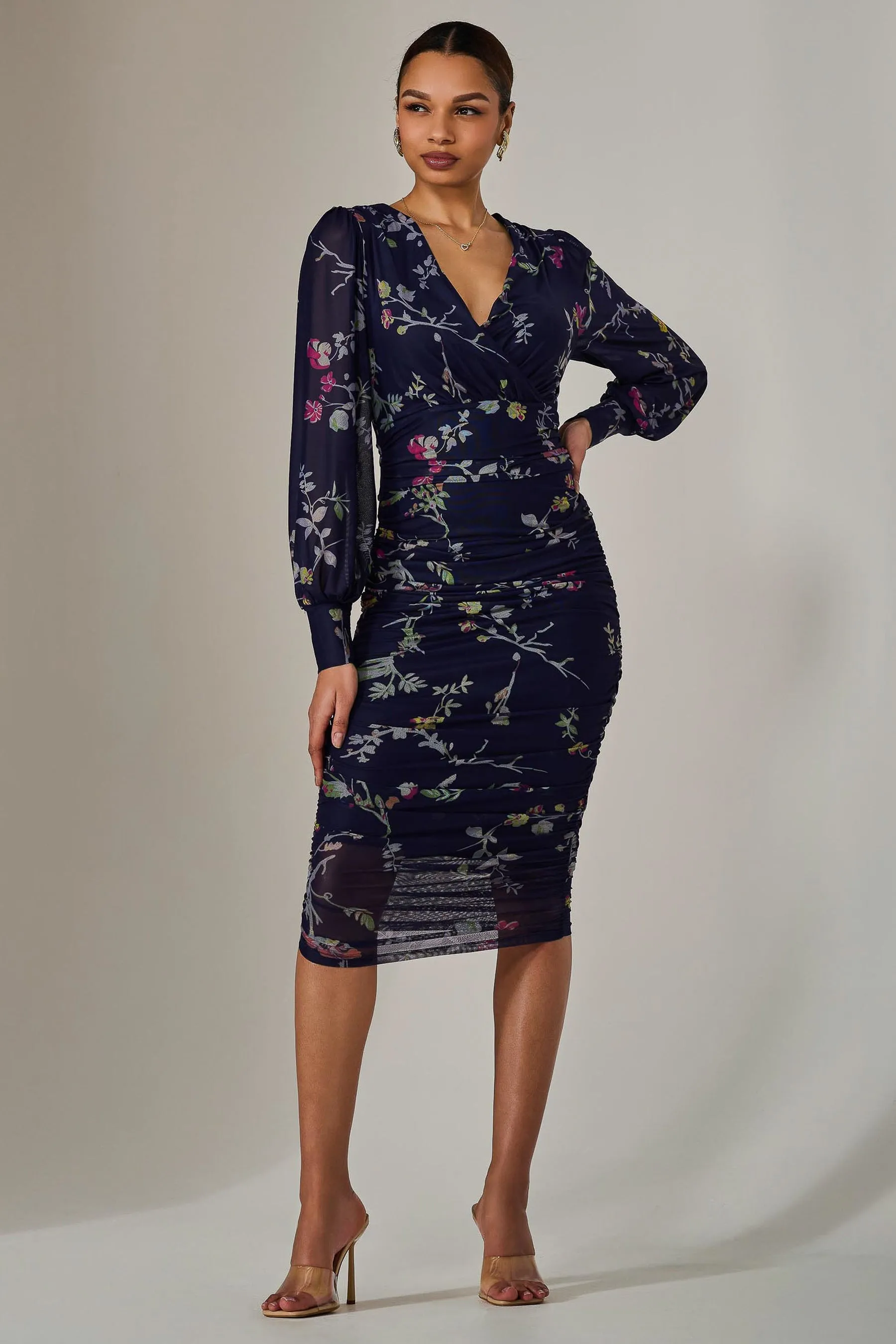 Mesh Long Sleeve Ruched Bodycon Dress, Navy Red Floral