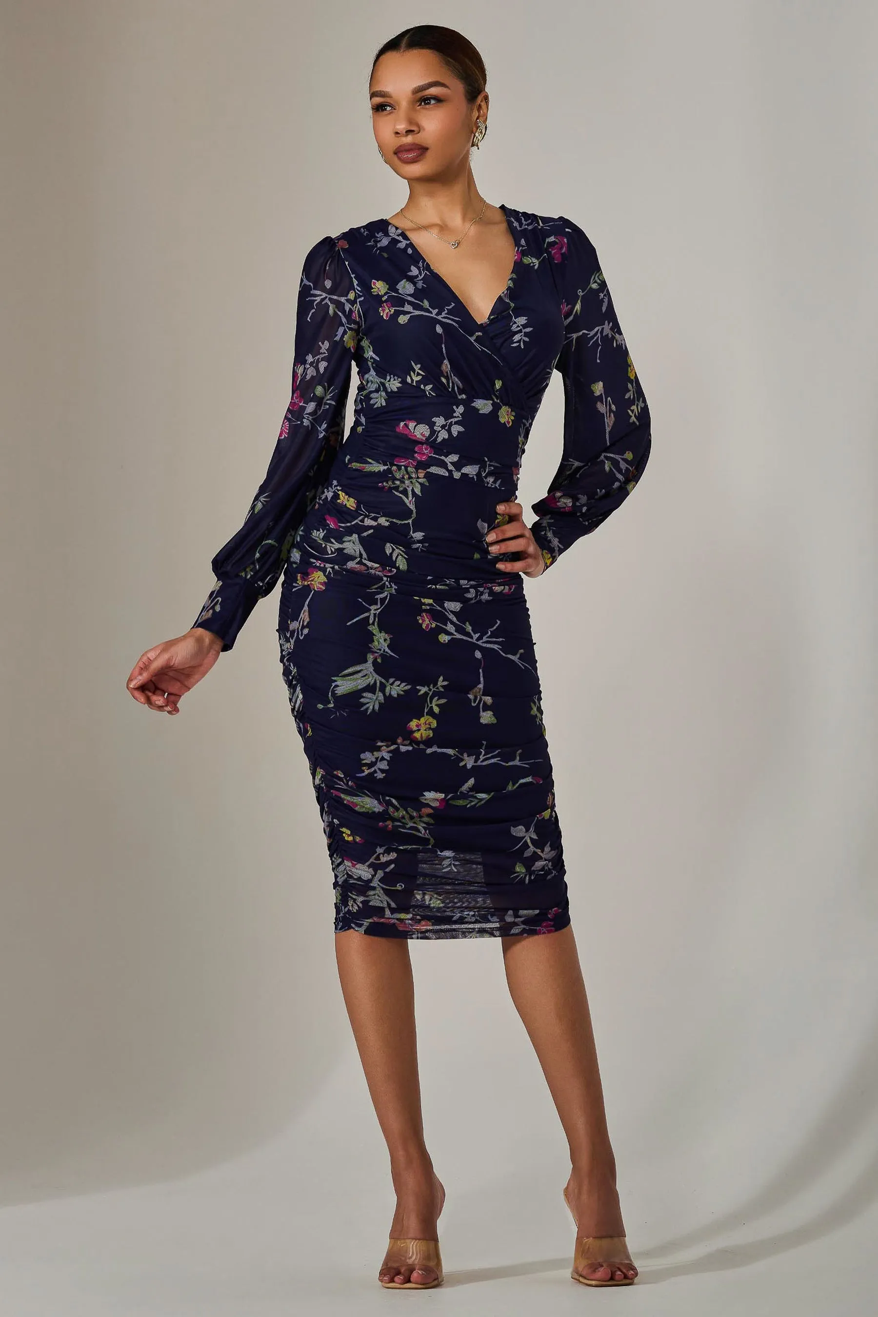 Mesh Long Sleeve Ruched Bodycon Dress, Navy Red Floral