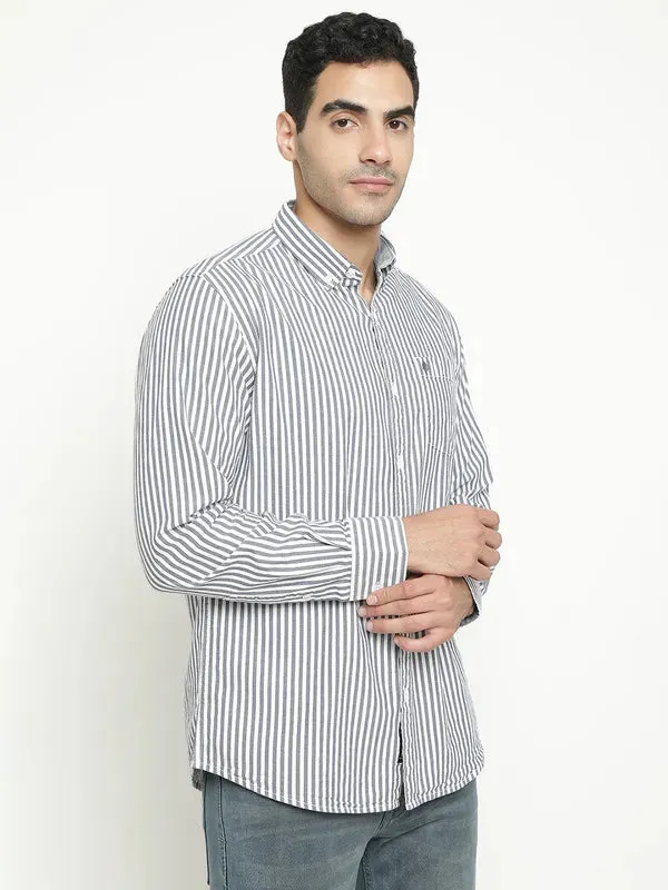 Mettle Men Navy Blue Opaque Striped Casual Shirt