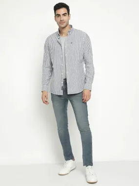 Mettle Men Navy Blue Opaque Striped Casual Shirt