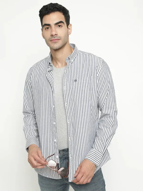 Mettle Men Navy Blue Opaque Striped Casual Shirt