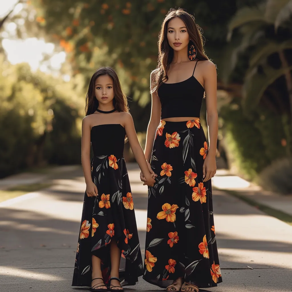 Mother and Daughter Black Floral Print Matching Dresses Set