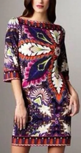 Multicolored 3-D Floral Print Jersey Silk Dress