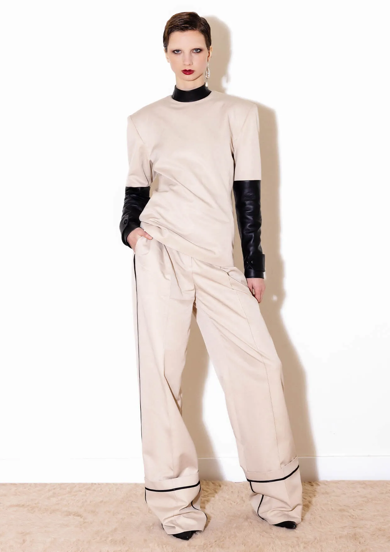 Non-Detachable Leather-Sleeved Cotton-Mix Top