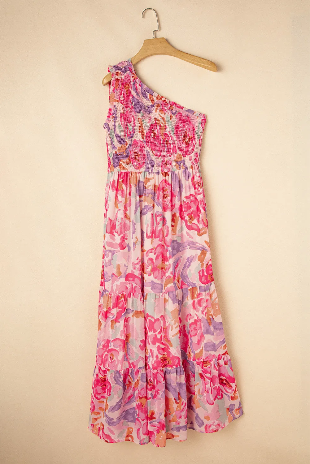 Pink Abstract Floral Print Shirred One Shoulder Maxi Dress