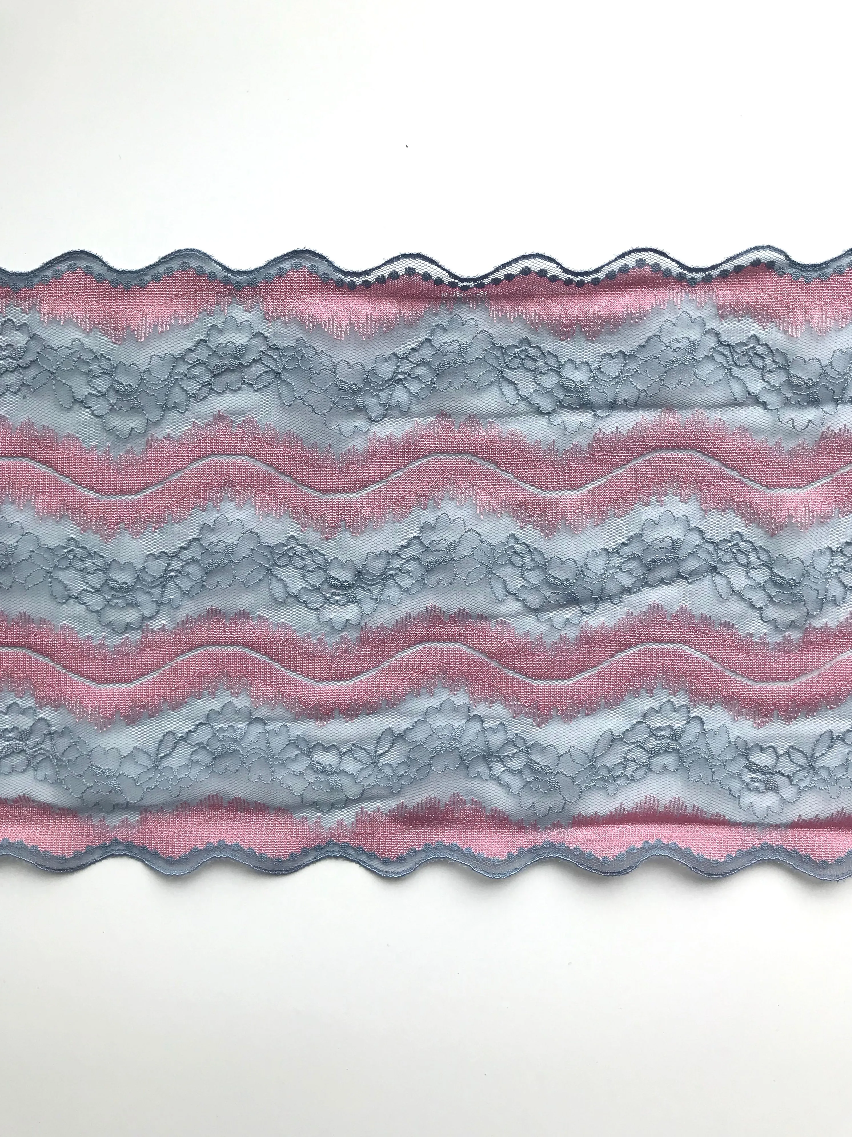 Pink & Blue-Gray 7.5" Wide Stretch Lace