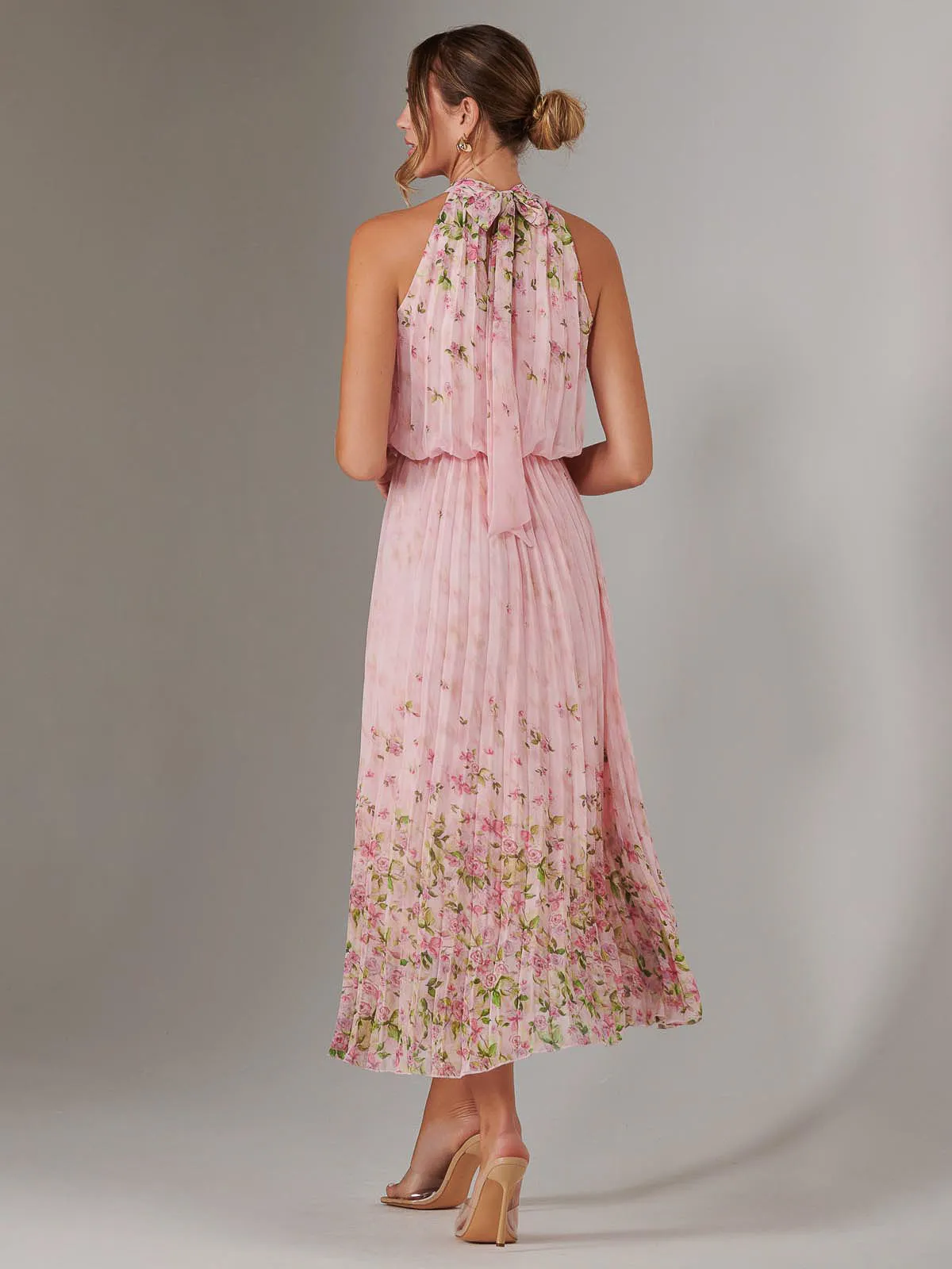 Pleated Halterneck Maxi Dress, Pink Floral