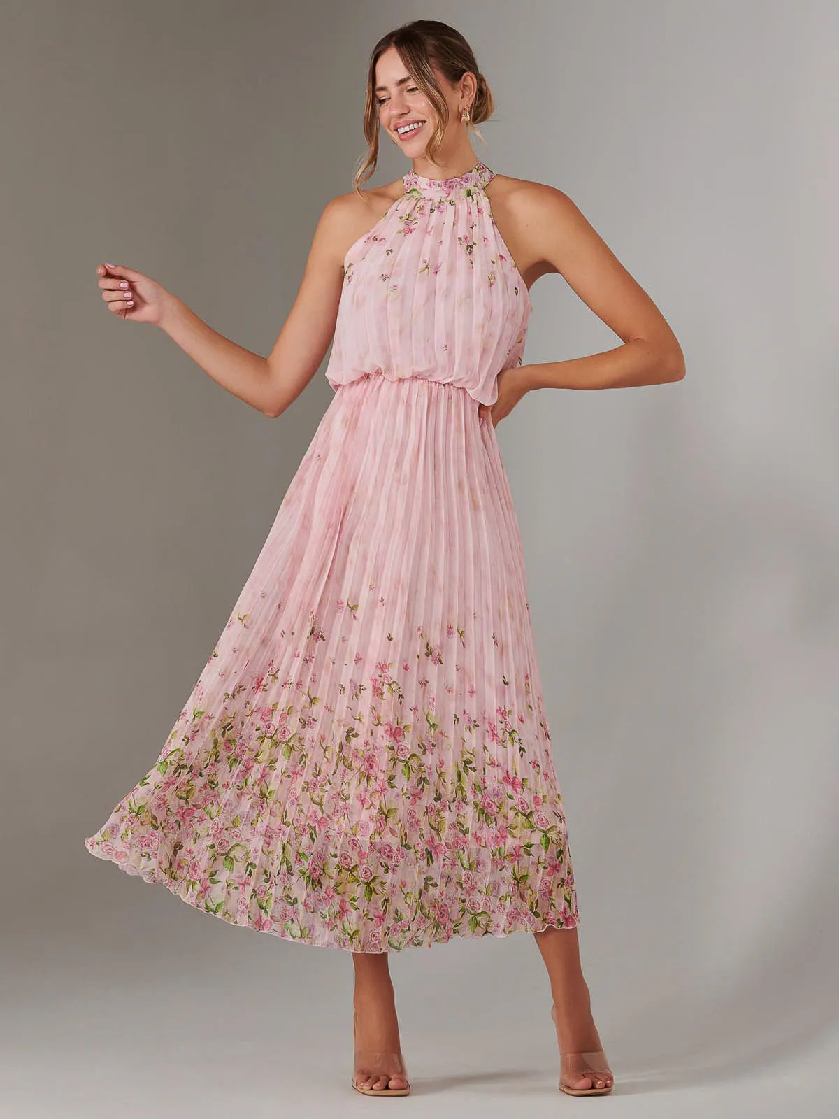 Pleated Halterneck Maxi Dress, Pink Floral