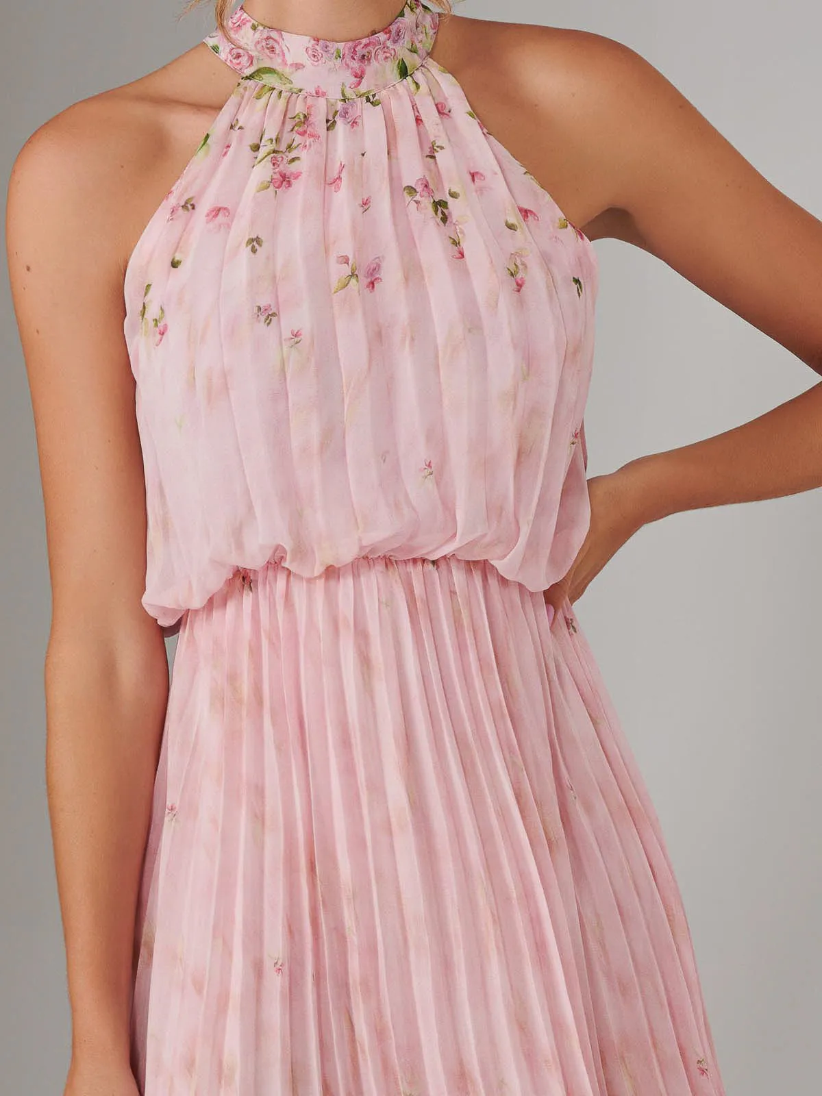 Pleated Halterneck Maxi Dress, Pink Floral