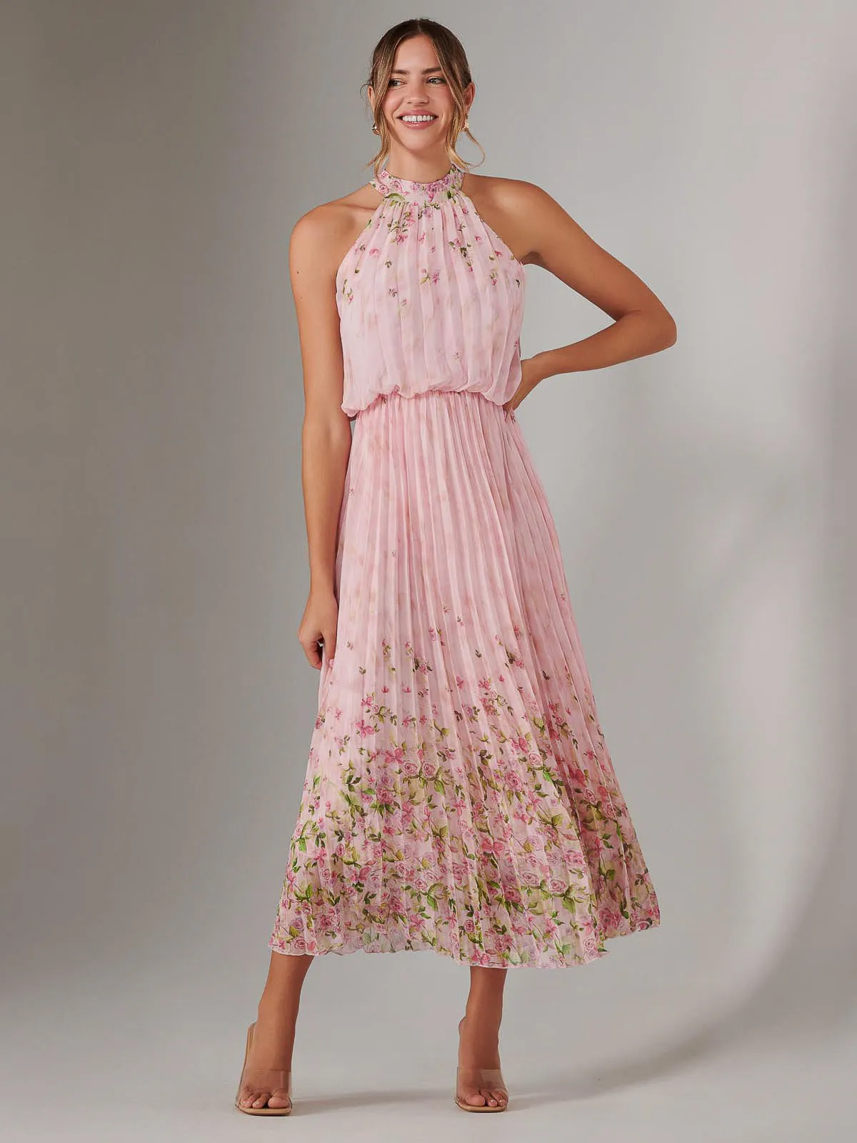 Pleated Halterneck Maxi Dress, Pink Floral