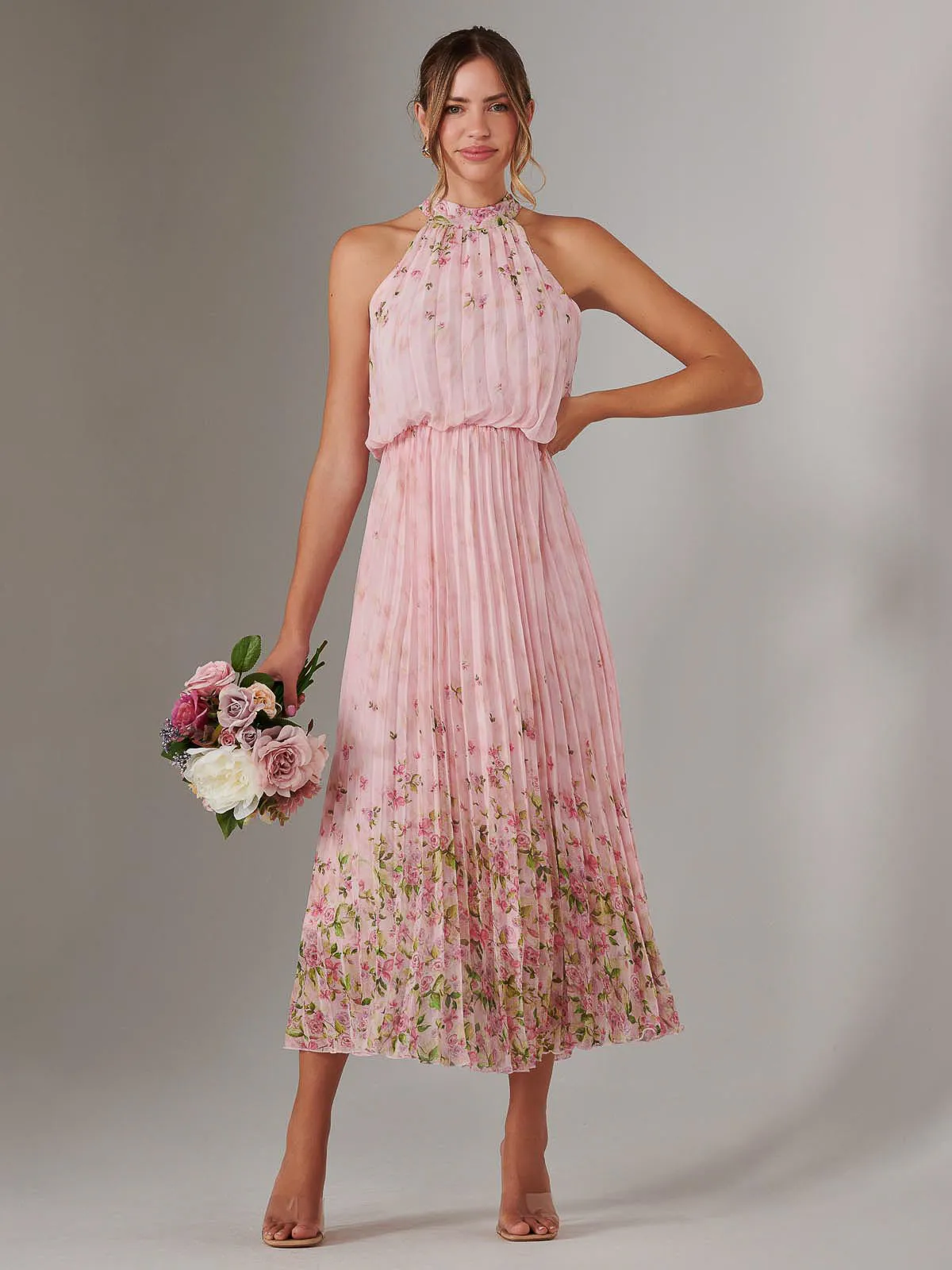 Pleated Halterneck Maxi Dress, Pink Floral