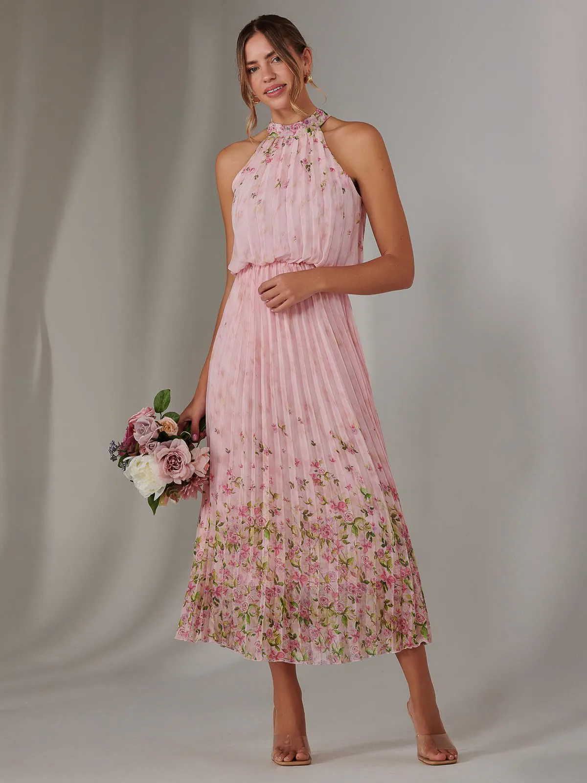 Pleated Halterneck Maxi Dress, Pink Floral