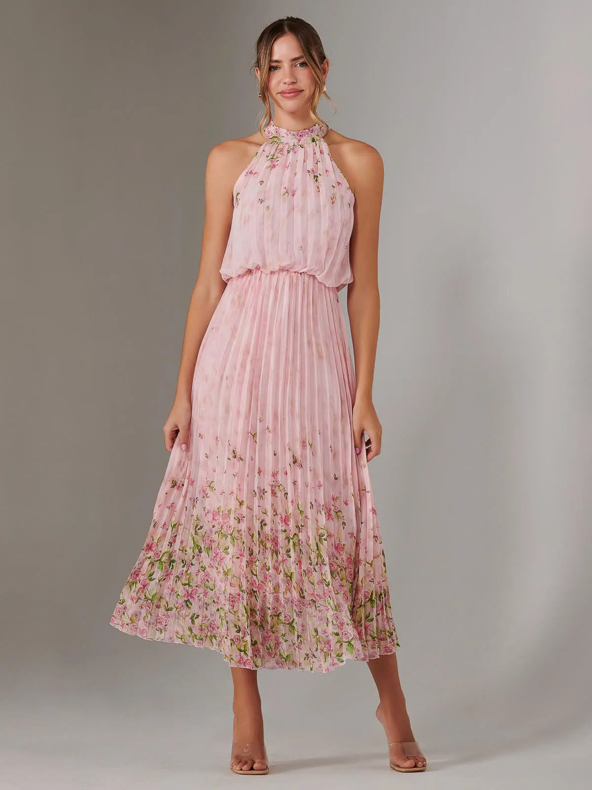 Pleated Halterneck Maxi Dress, Pink Floral