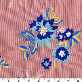 Red/Blue/Multi Floral Embroidered Stripe Shirting Fabric