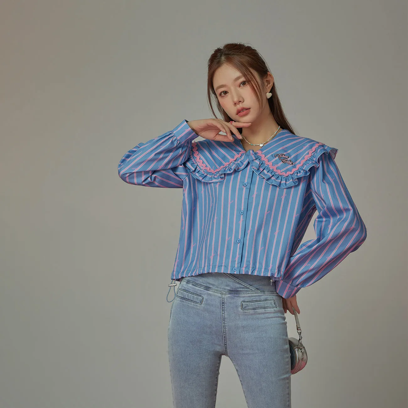 Ruffle Collar Striped Shirt