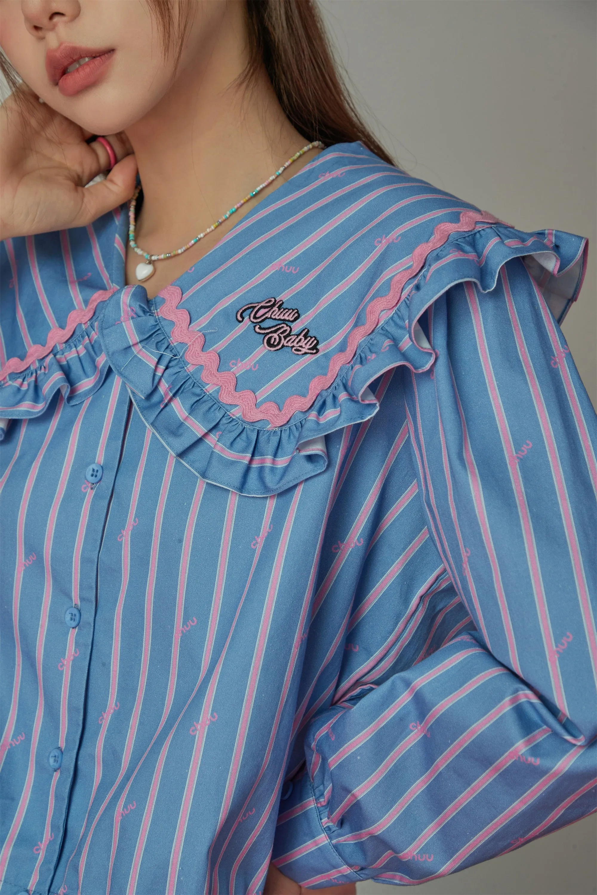 Ruffle Collar Striped Shirt