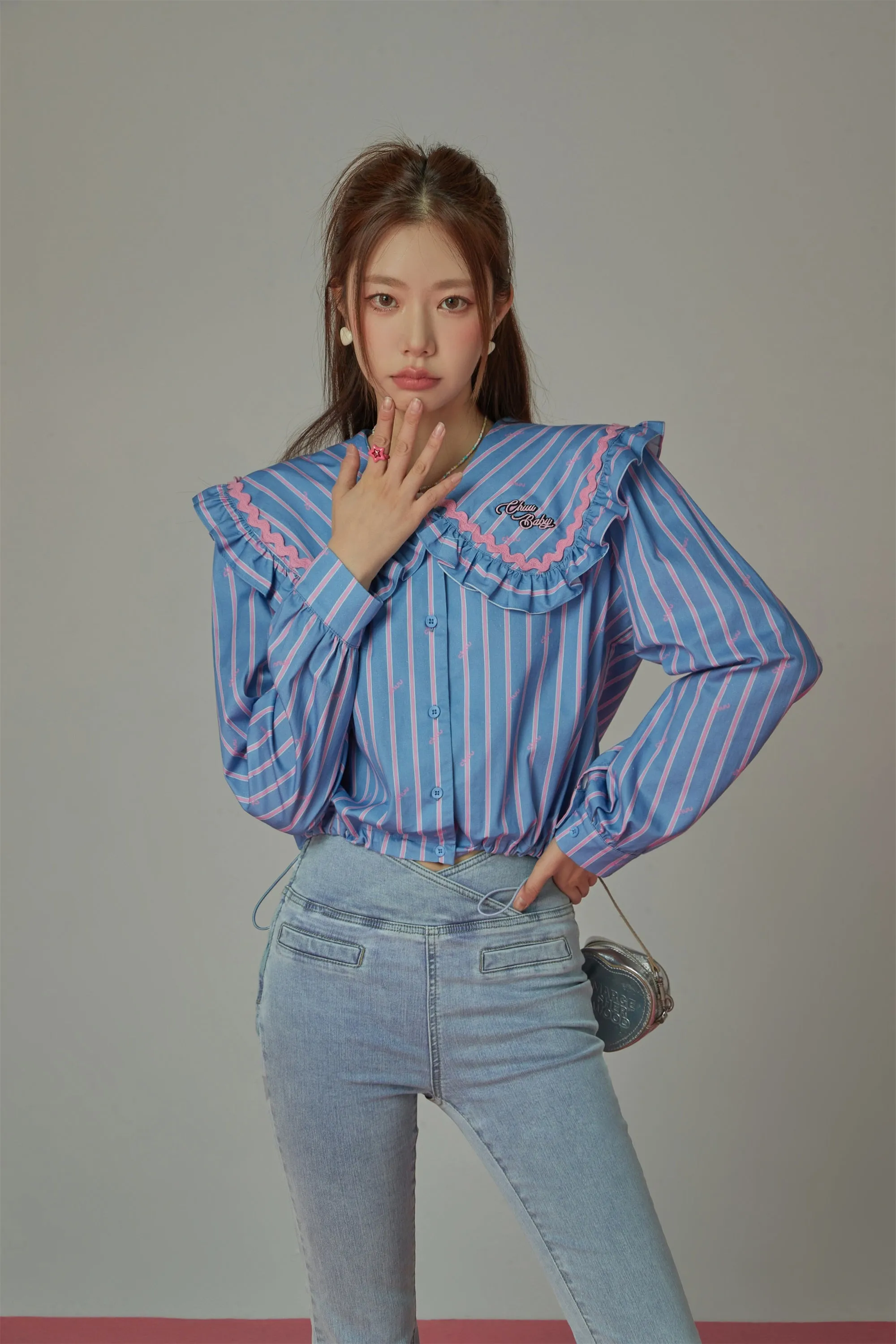 Ruffle Collar Striped Shirt