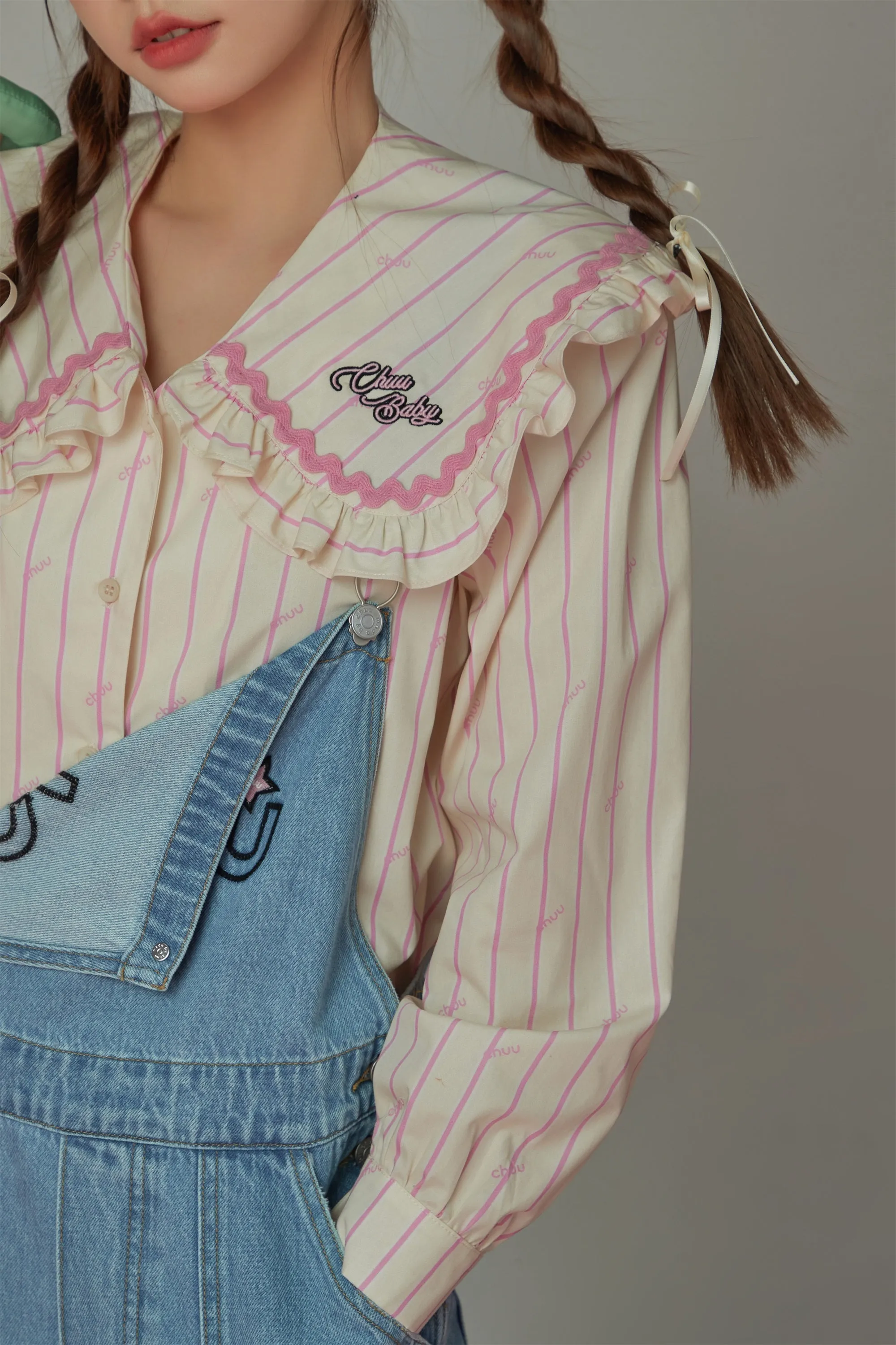 Ruffle Collar Striped Shirt