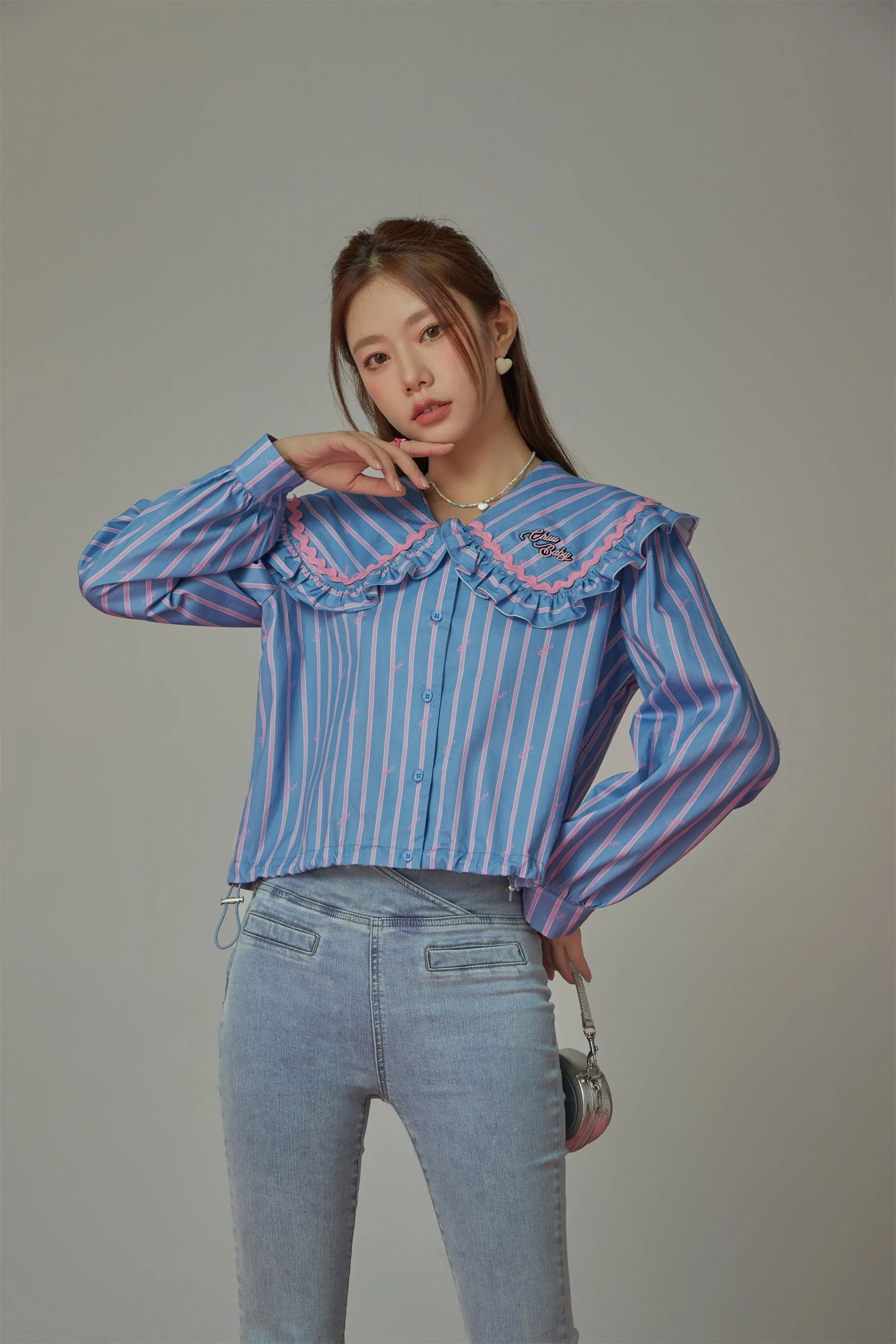 Ruffle Collar Striped Shirt