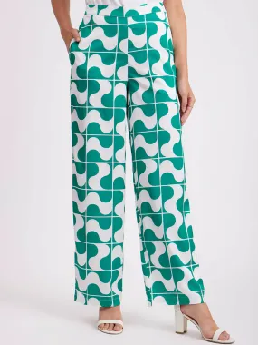 Satin Abstract Print Trouser - Green And Beige