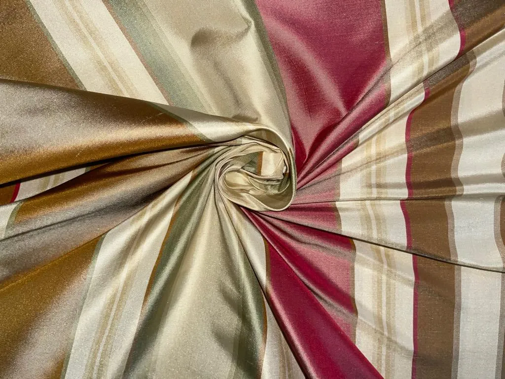 Silk Taffeta Fabric Light Red,Green,Brown &amp; Gold stripe 54" wide TAF#S33[2]