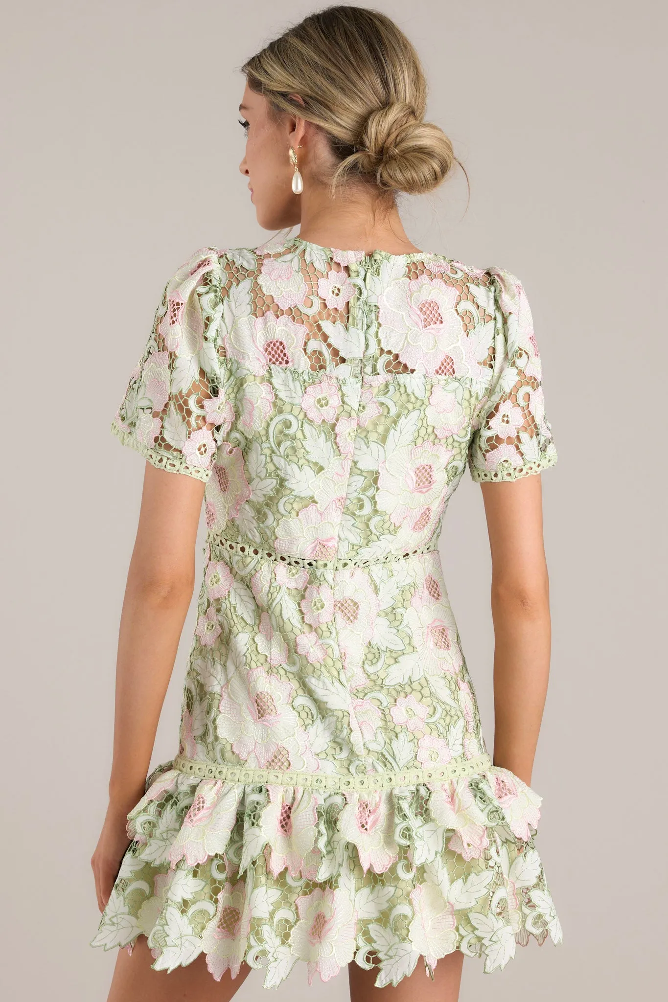 Soft Sophistication Light Green Floral Embroidered Mini Dress