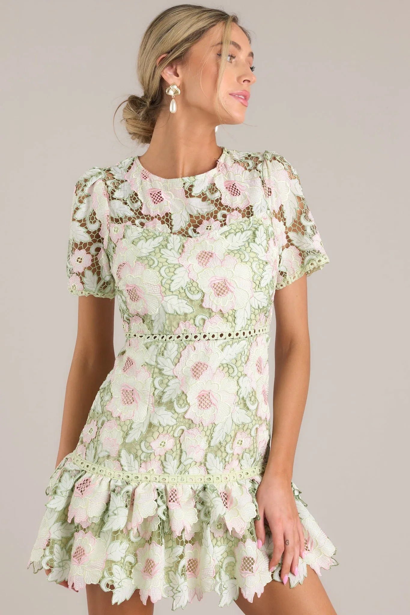 Soft Sophistication Light Green Floral Embroidered Mini Dress