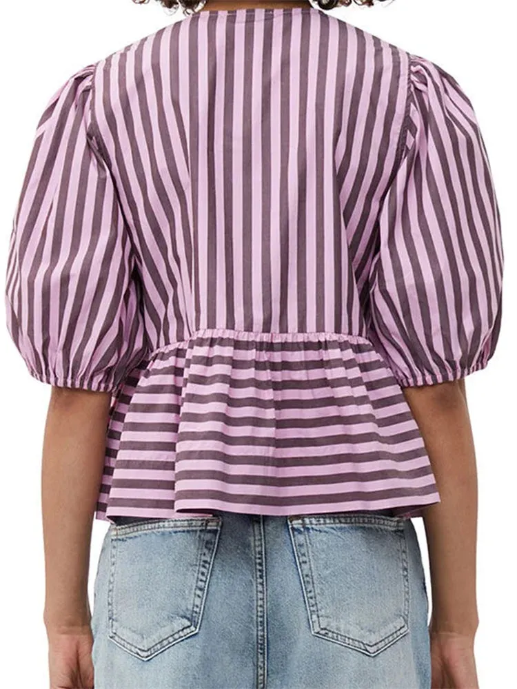 Striped Print Short Puff Sleeve Front Tie-up Crop Top Streetwear Blouse