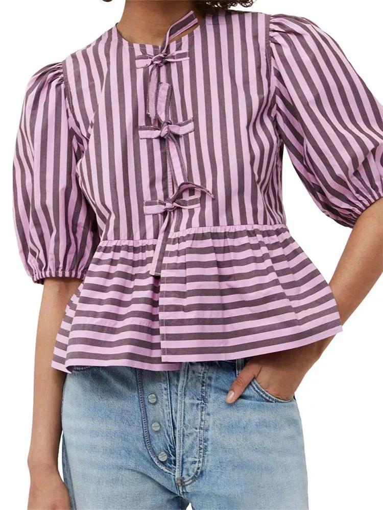 Striped Print Short Puff Sleeve Front Tie-up Crop Top Streetwear Blouse