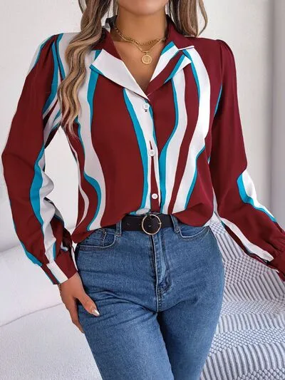 Striped Printed Button Up Long Sleeve Shirt