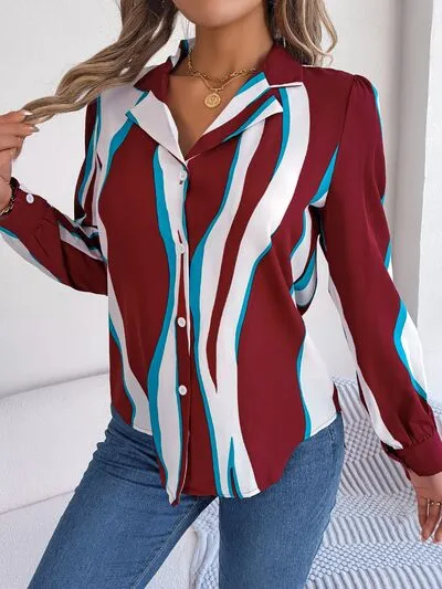 Striped Printed Button Up Long Sleeve Shirt